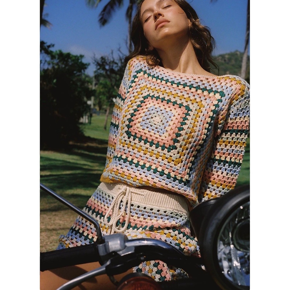 NWT Ghanda Farrah Crochet Sweater Hand Knitted Granny Square Size L